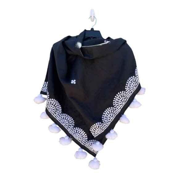 Black & White Embroidered Linen Blend Wrap/Shawl with Fringe Pom Pom's - Picture 2 of 12